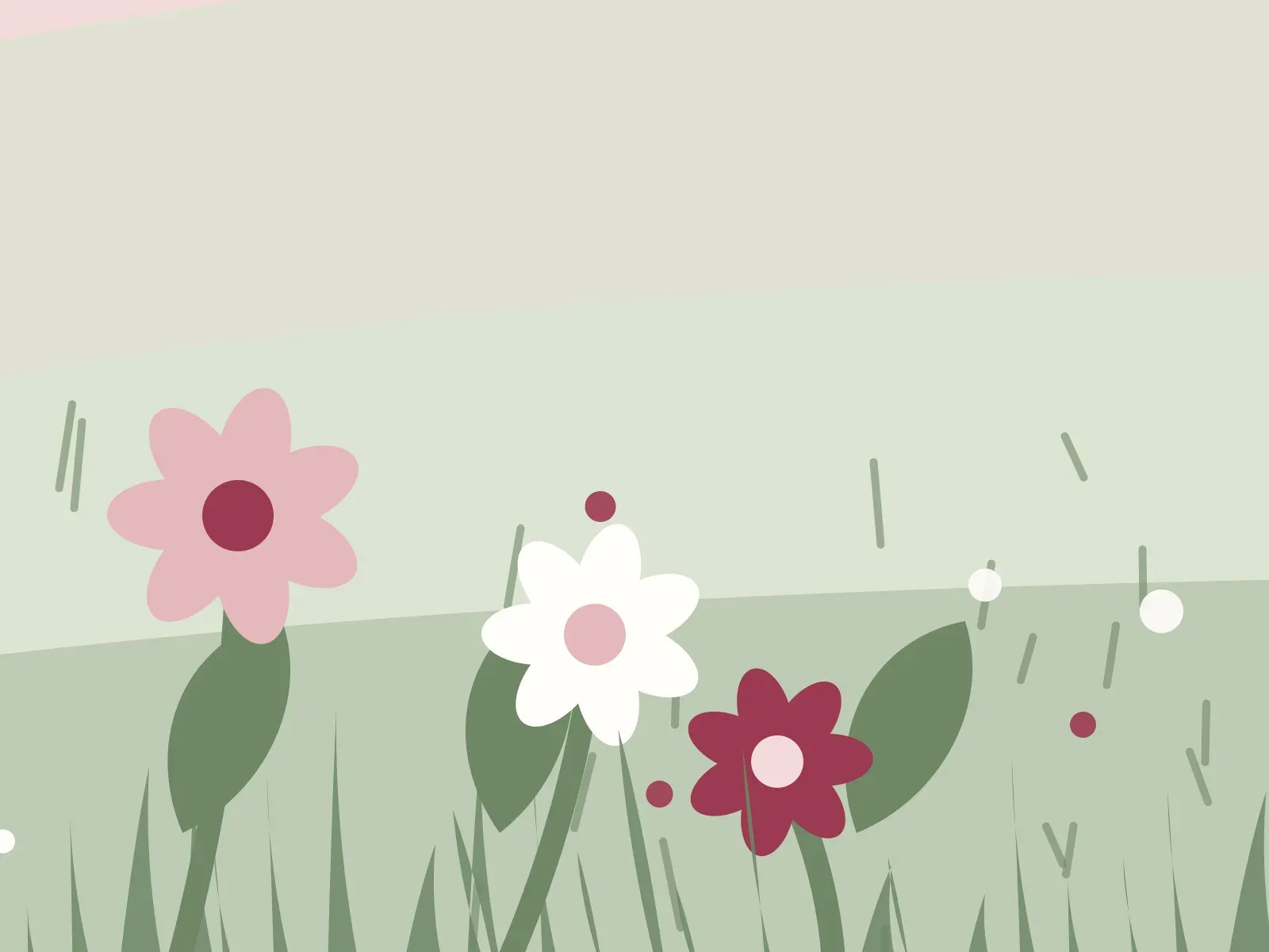 Illustration af en blomstereng med rosa, hvide og røde blomster